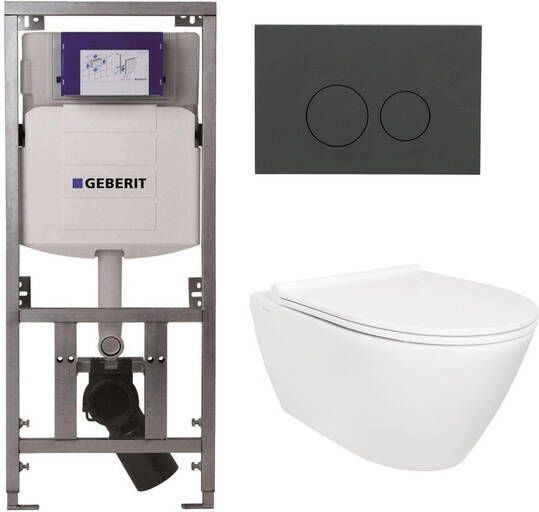 Geberit QeramiQ Salina Toiletset rimless inbouwreservoir diepspoel wandcloset softclose quickrelease bedieningsplaat mat antraciet ronde knoppen wit 0701131 SW96855 SW96857 SW1102376