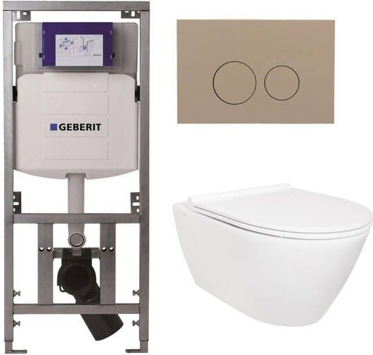 Geberit QeramiQ Salina Toiletset rimless inbouwreservoir diepspoel wandcloset softclose quickrelease bedieningsplaat taupe ronde knoppen wit 0701131 SW96855 SW96857 SW1102378