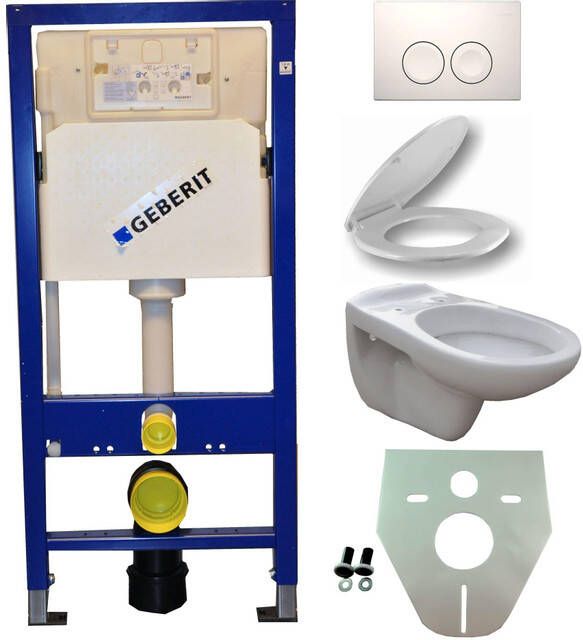 Geberit Toiletset Hangend 100-5 UP100 Inbouwreservoir Glans Wit Wandcloset Toiletbril Delta-21 Bedieningsplaat Wit KH