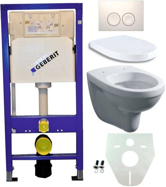 Geberit Toiletset Hangend 100-1 UP100 Inbouwreservoir Glans Wit Wandcloset Softclose Toiletbril Delta-21 Bedieningsplaat Wit KH