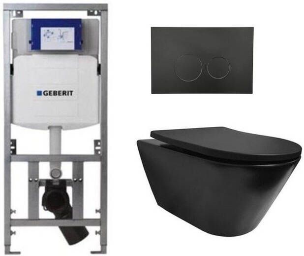 Geberit Wiesbaden Stereo toiletset rimless inclusief UP320 toiletreservoir met softclose zitting met bedieningsplaat mat zwart 0701131 SW706188 sw417829