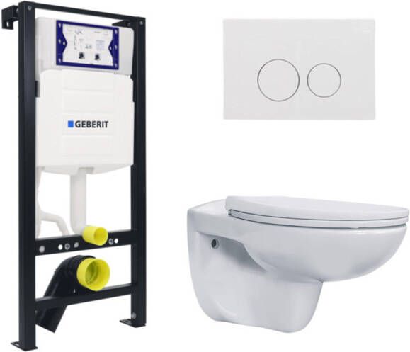 Geberit Plieger QeramiQ Basic Start Classico Toiletset UP320 inbouwreservoir wandcloset randloos zitting softclose witte bedieningsplaat ronde knoppen wit SW1381697 SW1152613 SW706186