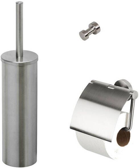 Geesa Nemox Toiletaccessoireset Toiletborstel met houder Toiletrolhouder met klep Handdoekhaak RVS geborsteld 916500-05-115