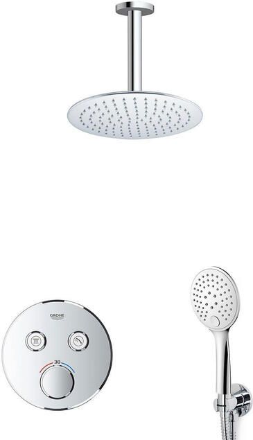 Grohe Adema Rise Regendoucheset Inbouw 2 functies met Adema Rise hoofddouche 20cm ronde handdouche plafondarm Grohe Grohtherm inbouwthermostaat chroom sw105953 SW104917 SW696254 SW377830 SW542643 SW496