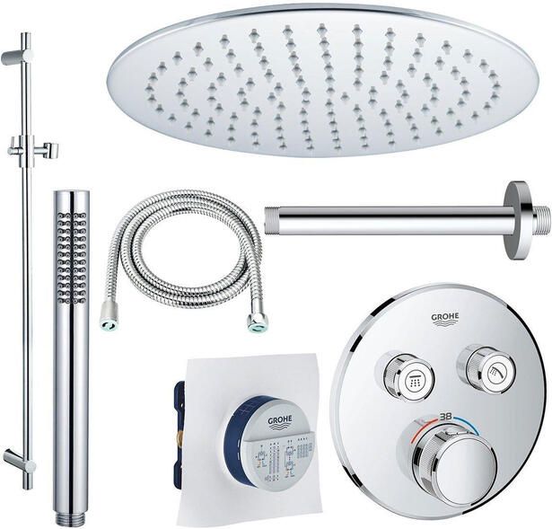 Grohe Adema Rise Regendoucheset Inbouw 2 functies met Adema Rise hoofddouche 20cm staafhanddouche plafondarm glijstang 90 cm Grohe Grohtherm inbouwthermostaat chroom sw105953 SW104917  SW696254 SW496810 SW767373 SW76