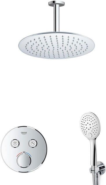 Grohe Adema Rise Regendoucheset Inbouw 2 functies met Adema Rise hoofddouche 30cm ronde handdouche plafondarm Grohe Grohtherm inbouwthermostaat chroom sw105953 SW104917  SW696252 SW377830 SW542643 SW49
