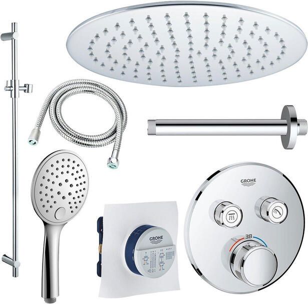 Grohe Adema Rise Regendoucheset Inbouw 2 functies met Adema Rise hoofddouche 20cm ronde handdouche plafondarm glijstang 90 cm Grohe Grohtherm inbouwthermostaat chroom sw105953 SW104917  SW696254 SW496814 SW767373 SW76