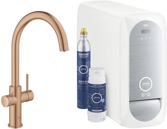 Grohe Blue Home 1 gats keukenkraan m. mono C uitloop starterkit met WiFi bluetooth Chilled & Sparkling 3x gekoeld + 3x bruisend water hard graphite