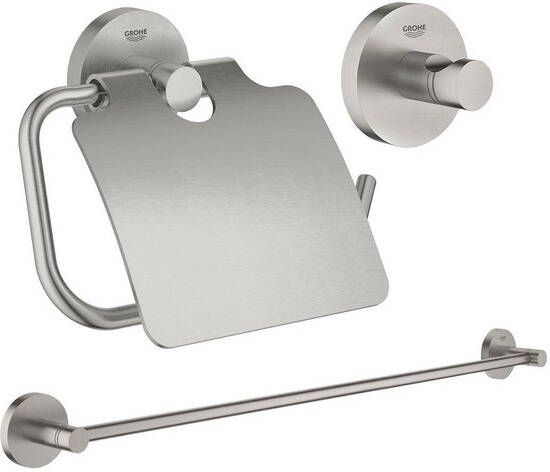 Grohe Essentials accessoireset 3-delig met handdoekhouder handdoekhaak en toiletrolhouder met klep super steel sw97637 sw97640 sw97647