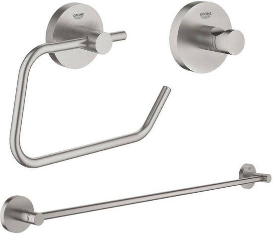 Grohe Essentials accessoireset 3-delig met handdoekhouder handdoekhaak en toiletrolhouder zonder klep super steel sw97637 sw97640 sw97648