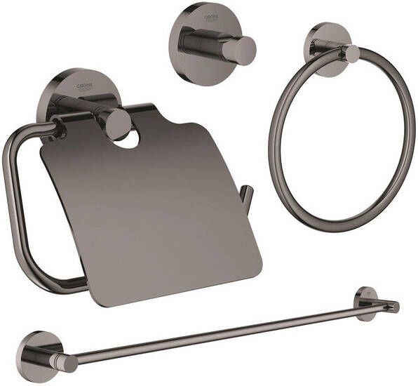 Grohe Essentials accessoireset 4-delig met handdoekring handdoekhouder handdoekhaak en toiletrolhouder met klep hard graphite sw98944 sw98976 sw99000 sw99017