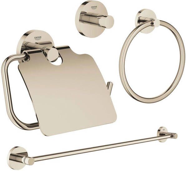 Grohe Essentials accessoireset 4-delig met handdoekring handdoekhouder handdoekhaak en toiletrolhouder met klep nikkel sw98950 sw98982 sw99006 sw99022