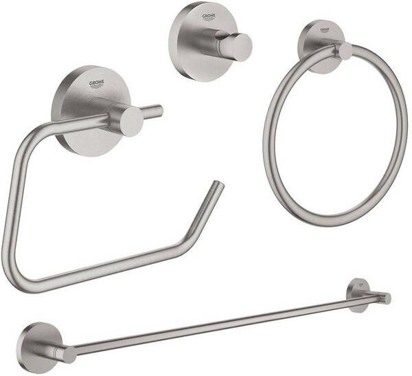 Grohe Essentials accessoireset 4-delig met handdoekring handdoekhouder handdoekhaak en toiletrolhouder zonder klep super steel sw97633 sw97637 sw97640 sw97648