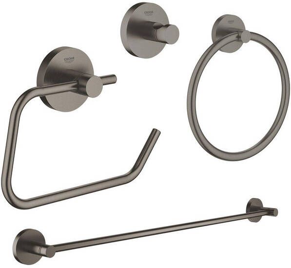 Grohe Essentials accessoireset 4-delig met handdoekring handdoekhouder handdoekhaak en toiletrolhouder zonder klep Brushed hard graphite sw98945 sw98977 sw99001 sw99025