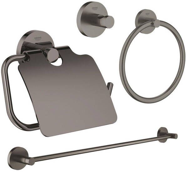 Grohe Essentials accessoireset 4-delig met handdoekring handdoekhouder handdoekhaak en toiletrolhouder met klep brushed hard graphite sw98945 sw98977 sw99001 sw99017