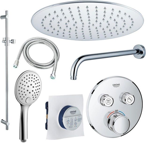 Grohe Adema Rise Regendoucheset Inbouw 2 functies met Adema Rise hoofddouche 30cm ronde handdouche wandarm glijstang 90 cm Grohe Grohtherm inbouwthermostaat chroom sw105953 SW104917  SW696252 SW496814 SW767373 SW76