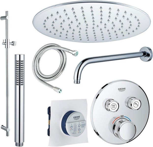 Grohe Adema Rise Regendoucheset Inbouw 2 functies met Adema Rise hoofddouche 30cm staafhanddouche wandarm glijstang 90 cm Grohe Grohtherm inbouwthermostaat chroom sw105953 SW104917  SW696252 SW496810 SW767373 SW76