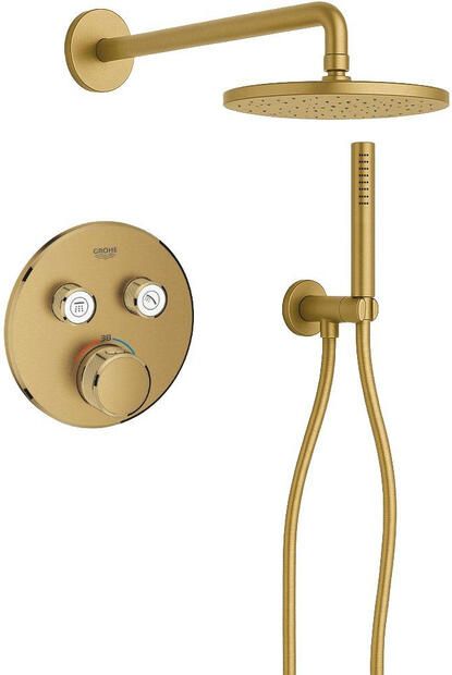 Grohe Adema Rise Regendoucheset rond wandaansluitbocht met handdouchehouder gladde doucheslang staafhanddouche wandarm 25cm hoofddouche SmartControl inbouwthermostaat brushed cool sunrise SW1244354 SW354643 SW105953