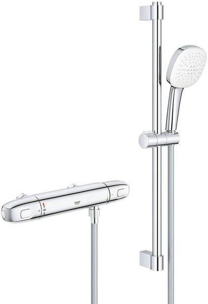 Grohe Grohtherm 1000 Doucheset thermostatische douchekraan HOH=12cm met glijstangset 60cm vierkante handdouche 2 straalsoorten gladde doucheslang chroom 34822005