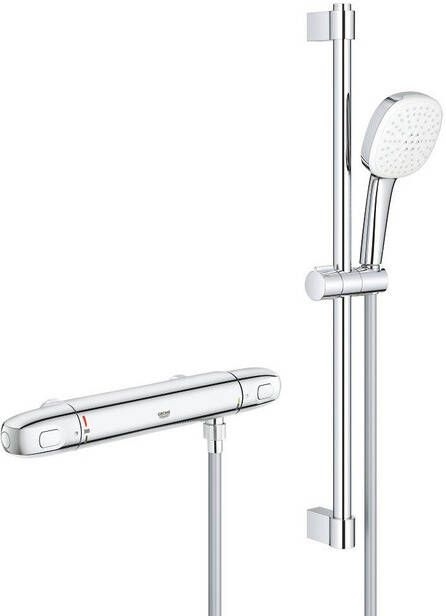 Grohe Grohtherm 1000 Doucheset thermostatische douchekraan HOH=15cm met glijstangset 60cm vierkante handdouche 2 straalsoorten gladde doucheslang chroom 34819005