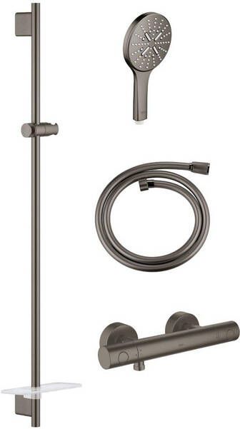 Grohe Grohtherm 1000 Glijstangset 90cm thermostatische douchekraan met zeepschaal ronde handdouche galdde slang 175cm geborsteld hard graphite sw98744 SW98828 sw472324 sw472379