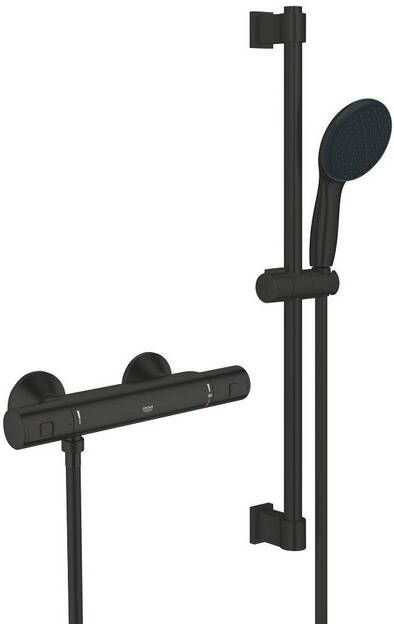 Grohe Precision Start Doucheset thermostatische douchekraan met glijstangset 60cm ronde handdouche 1 straalsoort gladde doucheslang mat zwart 345972431