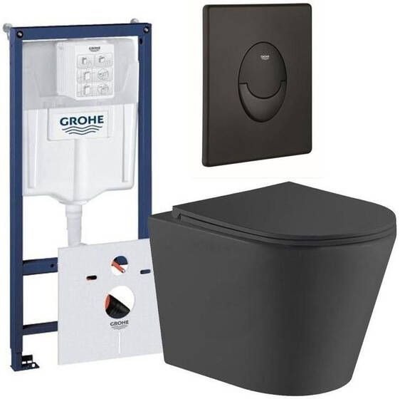 Grohe QeramiQ Dely Toiletset inbouwreservoir mat zwarte bedieningsplaat ovaal toilet zitting mat zwart 0729205 sw543433 sw656735