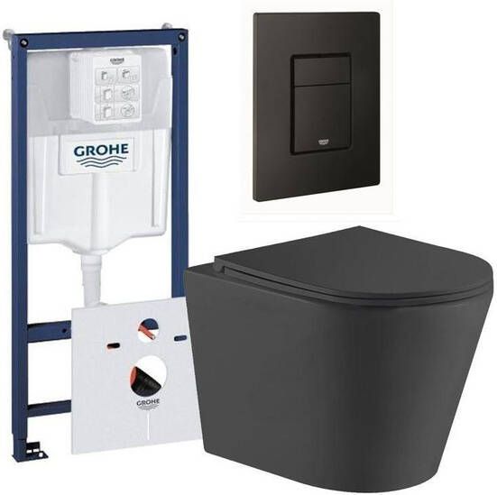 Grohe QeramiQ Dely Toiletset inbouwreservoir mat zwarte bedieningsplaat rechthoek toilet zitting mat zwart 0729205 sw543433 sw656727