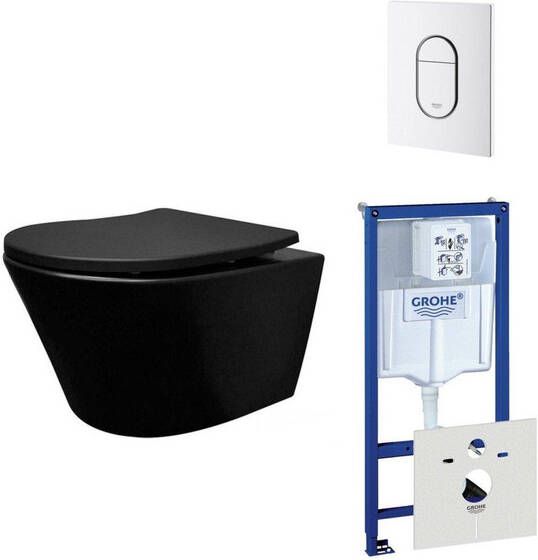 Grohe Wiesbaden Vesta toiletset spoelrandloos 52cm mat zwart inbouwreservoir softclose en quickrelease toiletzitting met bedieningsplaat wit 0729205 0729242 sw228315