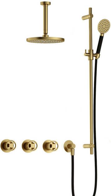 Hotbath Cobber IBSW70 Regendoucheset inbouw 15cm plafondarm 20cm ronde hoofddouche 3 standen handdouche glijstang Geborsteld messing PVD IBSW70BBP127