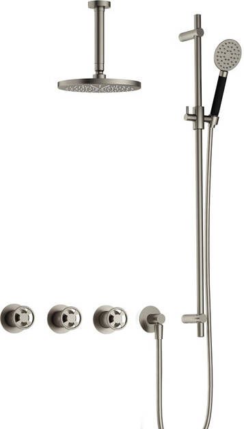 Hotbath Cobber @work complete thermostatische douche inbouwset met 2 stopkranen en ronde handdouche plafondbuis 15 cm en glijstang geborsteld nikkel