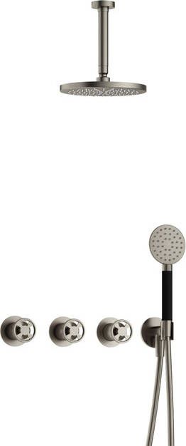 Hotbath Cobber @work complete thermostatische douche inbouwset met 2 stopkranen en ronde handdouche en plafondbuis 15 cm geborsteld nikkel