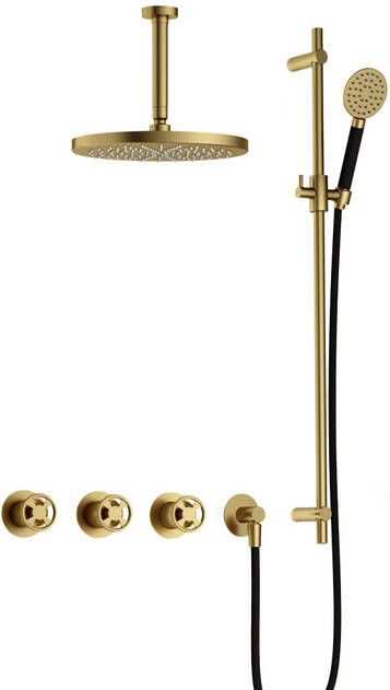 Hotbath Cobber IBSW70 Regendoucheset inbouw 15cm plafondarm 30cm ronde hoofddouche 3 standen handdouche glijstang Geborsteld messing PVD IBSW70BBP1257