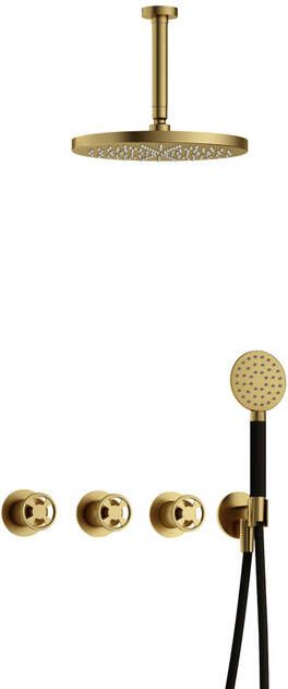 Hotbath Cobber @work complete thermostatische douche inbouwset met 2 stopkranen en ronde handdouche plafondbuis 15 cm en m106 geborsteld messing pvd