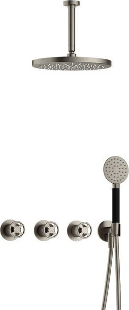 Hotbath Cobber @work complete thermostatische douche inbouwset met 2 stopkranen en ronde handdouche plafondbuis 15 cm en m106 geborsteld nikkel