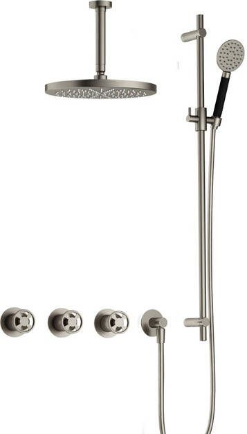 Hotbath Cobber @work complete thermostatische douche inbouwset met 2 stopkranen en ronde handdouche plafondbuis 15 cm m106 en glijstang geborsteld