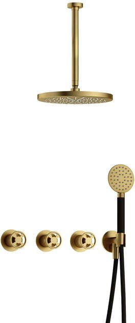 Hotbath Cobber @work complete thermostatische douche inbouwset met 2 stopkranen en ronde handdouche plafondbuis 30 cm en m106 geborsteld messing pvd