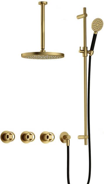 Hotbath Cobber IBSW70 Regendoucheset inbouw 30cm plafondarm 30cm ronde hoofddouche 3 standen handdouche glijstang Geborsteld messing PVD IBSW70BBP1357