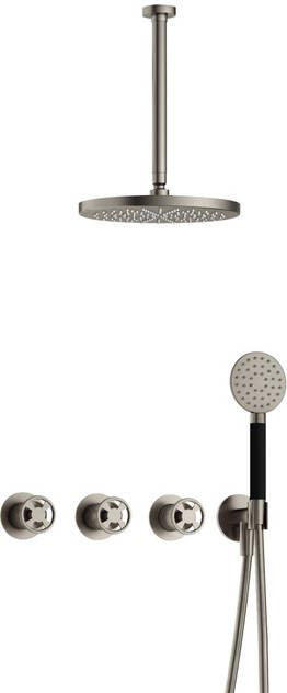 Hotbath Cobber @work complete thermostatische douche inbouwset met 2 stopkranen en ronde handdouche plafondbuis 30 cm en m106 geborsteld nikkel