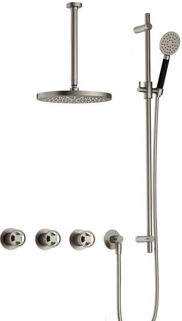 Hotbath Cobber @work complete thermostatische douche inbouwset met 2 stopkranen en ronde handdouche plafondbuis 30 cm m106 en glijstang geborsteld