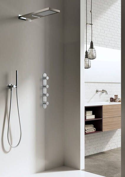 Hotbath Get together IBS7 complete thermostatische douche inbouwset 3 stopkranen met 53.7x16.5cm rechtoekige hoofddouche met waterval staafhanddouche met glijstang chroom IBS7CR7