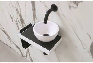 INK Jazz XS toiletmeubel frame glans wit plateau quartz zwart waskom rechts polystone 20cm glans wit