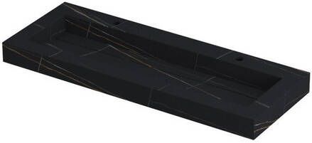 Ink Pitch Wastafel keramische slab centraal met drain en front en side skirts 2 kraangaten Lauren black mat 1200x450x90 mm (bxdxh)