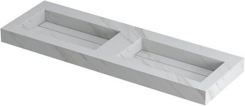 Ink Pitch Wastafel keramische slab bak dubbel met drain en front en side skirts zonder kraangaten Calacatta mat 1400x450x90 mm (bxdxh)