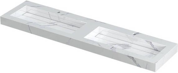 Ink Pitch Wastafel keramische slab bak dubbel met drain en front en side skirts 2 kraangaten Statuario glans 1800x450x90 mm (bxdxh)