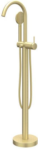 IVY Bond vrijstaande badmengkraan met draaibare uitloop doucheslang 150 cm en Satin spray handdouche 101 cm geborsteld mat goud PVD - Foto 1