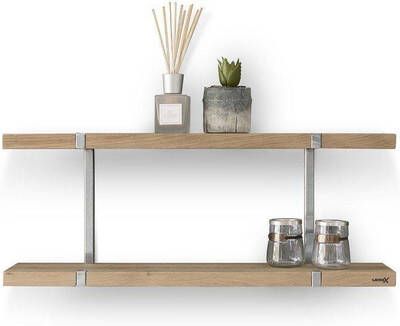 Looox Shelf Wood wandplank duo 80x28x15cm met RVS geborsteld ophanging eiken old grey RVS WWSDUO80RVS