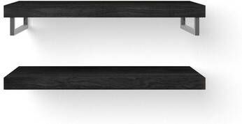Looox Wood collection Duo wandplanken 100x46cm 2 stuks Met handdoekhouders RVS geborsteld massief eiken Black WBDUO100BLRVS