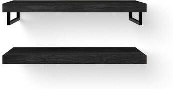 Looox Wood collection Duo wandplanken 100x46cm 2 stuks Met handdoekhouders zwart mat massief eiken Black WBDUO100BLMZ