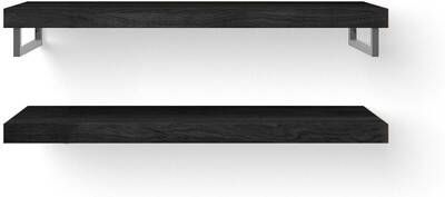 Looox Wood collection Duo wandplanken 120x46cm 2 stuks Met handdoekhouders RVS geborsteld massief eiken Black WBDUO120BLRVS